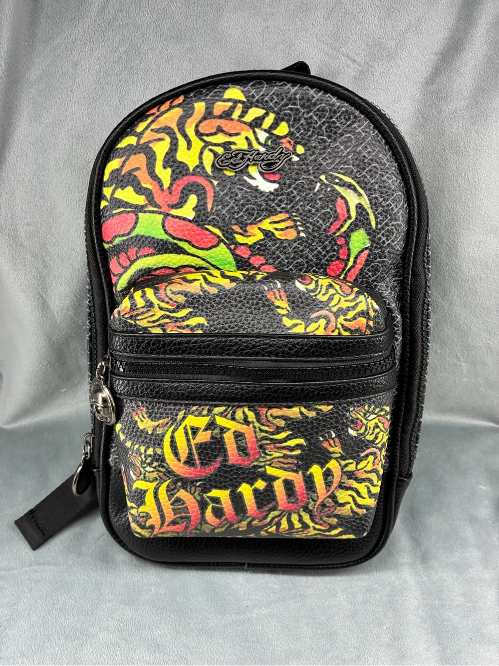 Ed Hardy Black Mini Backpack with Yellow, Red & Green Graphic